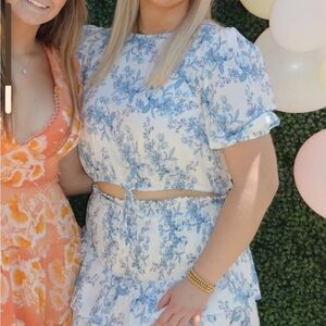 Intermix Floral Blue and White Skirt + Blouse Set